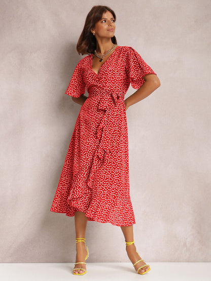 Midi Dresses- Wrap Belt Ruffle Dress: Surplice V Neck, Polka Dot, Petal Sleeves- - IndioGear Fashion and Gear