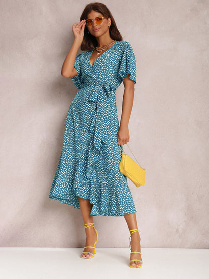 Midi Dresses- Wrap Belt Ruffle Dress: Surplice V Neck, Polka Dot, Petal Sleeves- Blue- IndioGear Fashion and Gear