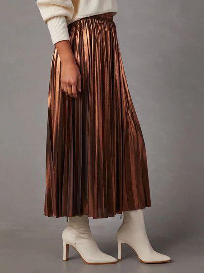 Midi Skirts- Metallic Faux Leather Pleated Midi Skirt- - IndioGear Fashion and Gear