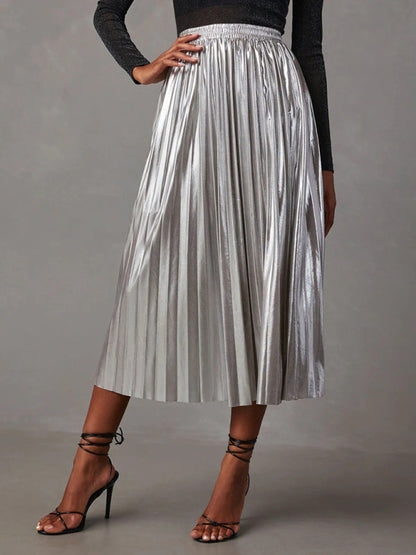 Midi Skirts- Metallic Faux Leather Pleated Midi Skirt- - IndioGear Fashion and Gear