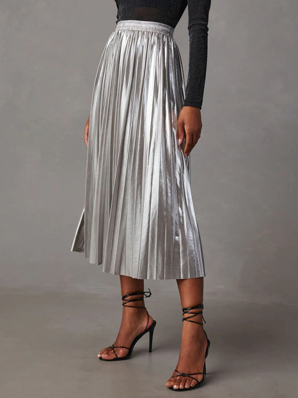 Midi Skirts- Metallic Faux Leather Pleated Midi Skirt- - IndioGear Fashion and Gear