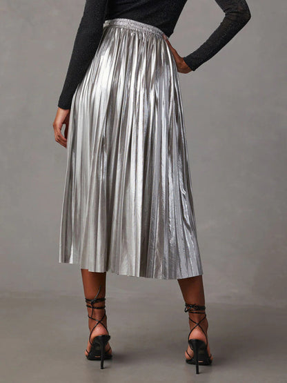 Midi Skirts- Metallic Faux Leather Pleated Midi Skirt- - IndioGear Fashion and Gear