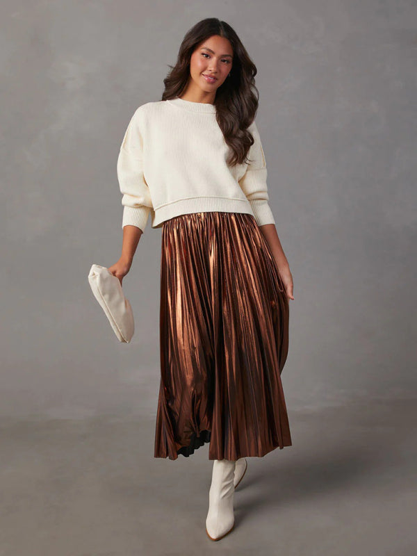 Midi Skirts- Metallic Faux Leather Pleated Midi Skirt- - IndioGear Fashion and Gear