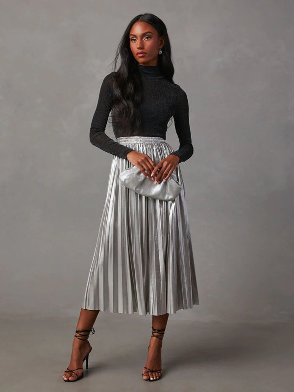 Midi Skirts- Metallic Faux Leather Pleated Midi Skirt- Silver grey- IndioGear Fashion and Gear