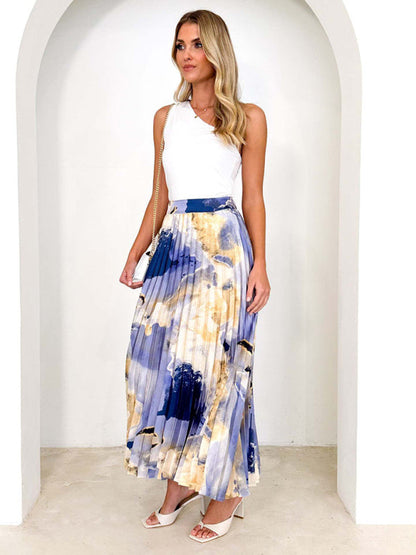 Midi Skirts- Printed High Waist Pleated Midi Skirt in Plisse- - IndioGear Fashion and Gear