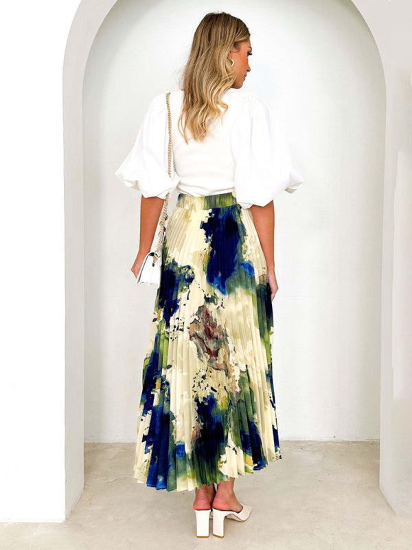 Midi Skirts- Printed High Waist Pleated Midi Skirt in Plisse- - IndioGear Fashion and Gear