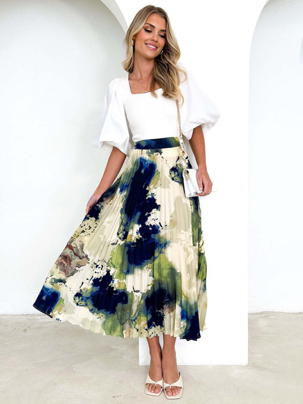 Midi Skirts- Printed High Waist Pleated Midi Skirt in Plisse- - IndioGear Fashion and Gear