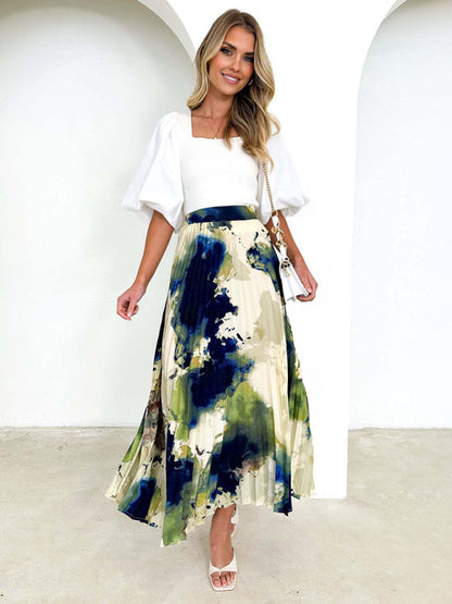 Midi Skirts- Printed High Waist Pleated Midi Skirt in Plisse- - IndioGear Fashion and Gear