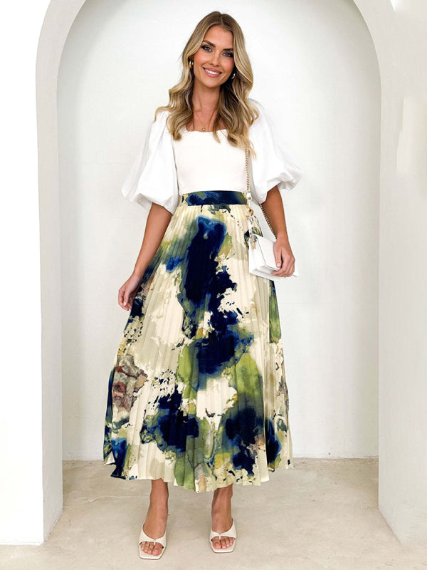 Midi Skirts- Printed High Waist Pleated Midi Skirt in Plisse- - IndioGear Fashion and Gear