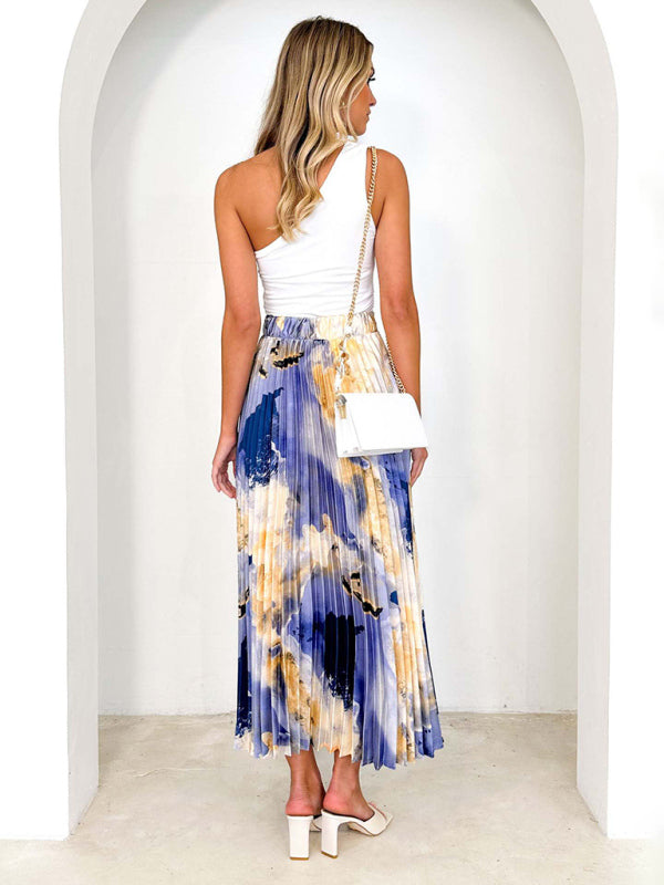 Midi Skirts- Printed High Waist Pleated Midi Skirt in Plisse- - IndioGear Fashion and Gear