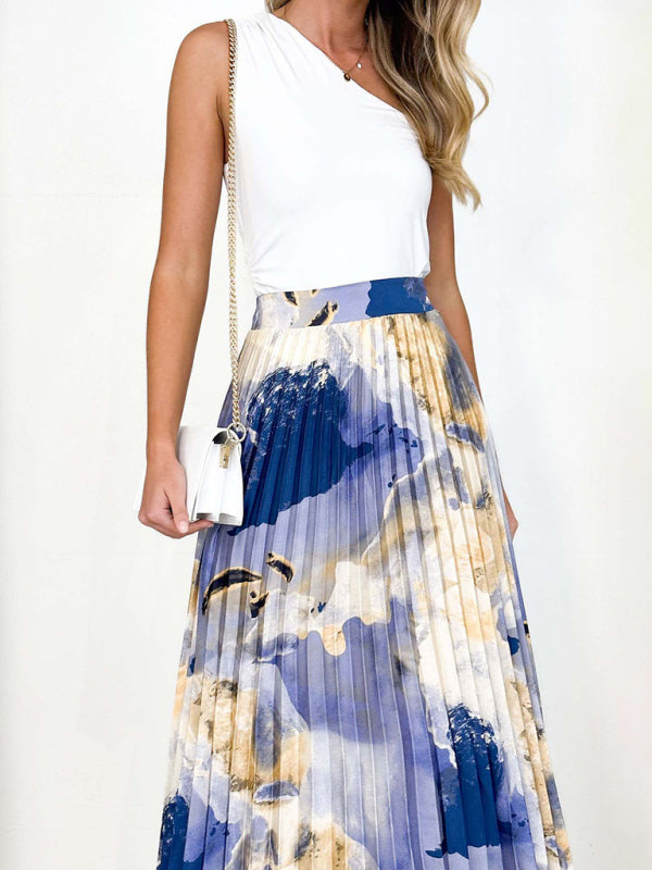 Midi Skirts- Printed High Waist Pleated Midi Skirt in Plisse- Blue- IndioGear Fashion and Gear