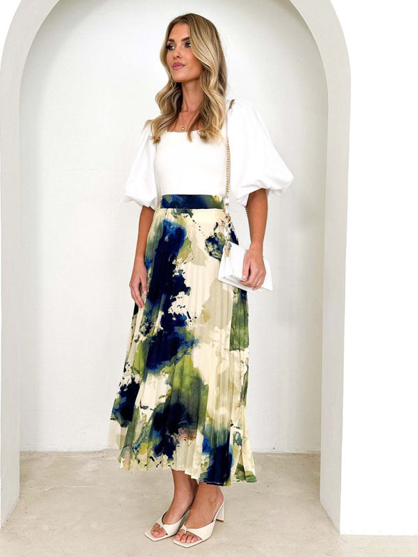 Midi Skirts- Printed High Waist Pleated Midi Skirt in Plisse- - IndioGear Fashion and Gear