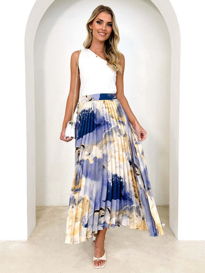 Midi Skirts- Printed High Waist Pleated Midi Skirt in Plisse- - IndioGear Fashion and Gear