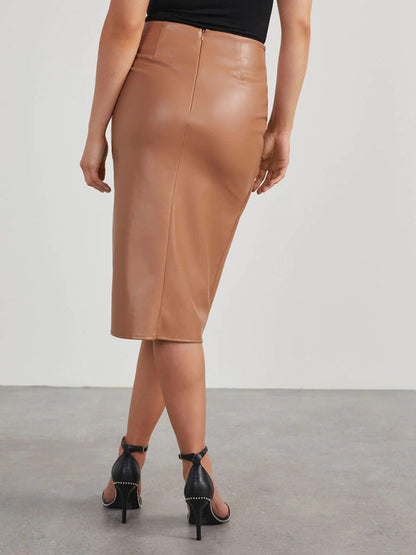 Midi Skirts- Solid Faux Leather Overskirt Knot Wrap Midi Skirt- - IndioGear Fashion and Gear