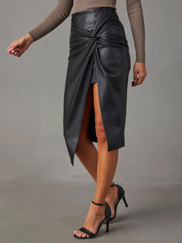 Midi Skirts- Solid Faux Leather Overskirt Knot Wrap Midi Skirt- - IndioGear Fashion and Gear