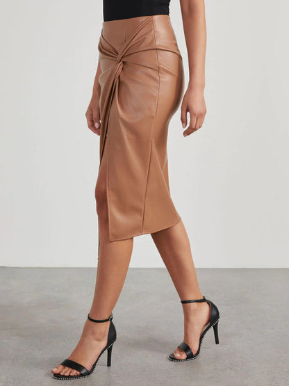 Midi Skirts- Solid Faux Leather Overskirt Knot Wrap Midi Skirt- - IndioGear Fashion and Gear