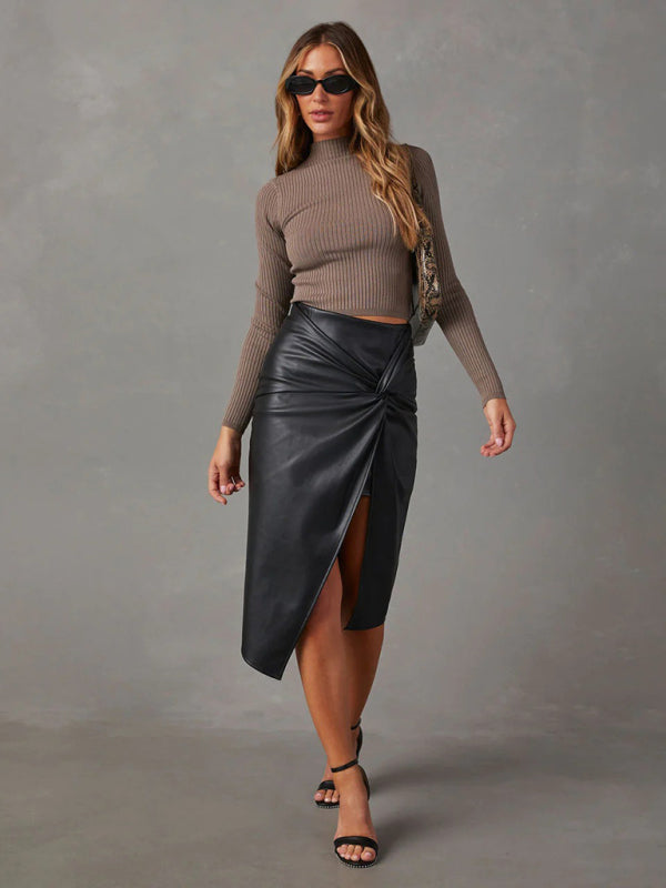 Midi Skirts- Solid Faux Leather Overskirt Knot Wrap Midi Skirt- - IndioGear Fashion and Gear