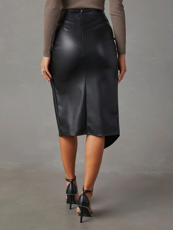 Midi Skirts- Solid Faux Leather Overskirt Knot Wrap Midi Skirt- - IndioGear Fashion and Gear