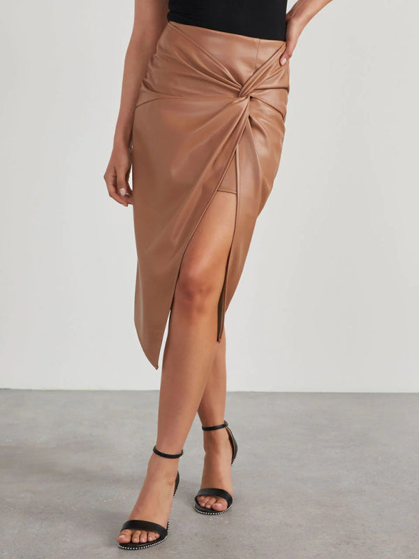 Midi Skirts- Solid Faux Leather Overskirt Knot Wrap Midi Skirt- - IndioGear Fashion and Gear