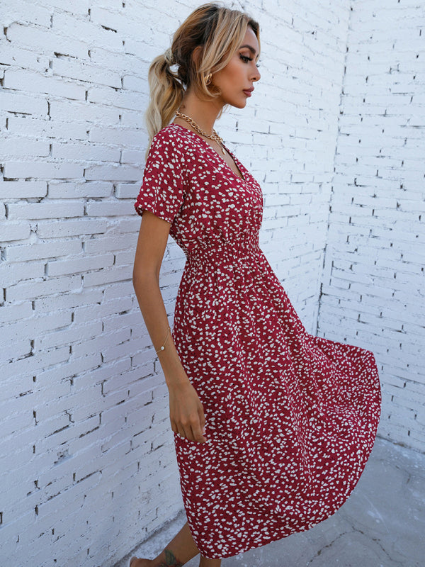 Midi dress- Floral A-Line Suplice V-Neck Short Sleeve Midi Dress with Smocked Waist- - IndioGear Fashion and Gear