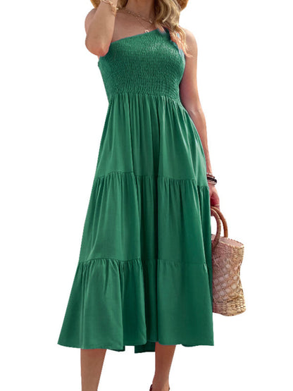 Midi dress- Solid Cotton One-shoulder Smocked Midi Dress- Green- IndioGear Fashion and Gear