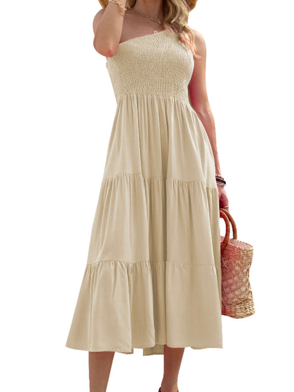 Midi dress- Solid Cotton One-shoulder Smocked Midi Dress- Beige- IndioGear Fashion and Gear