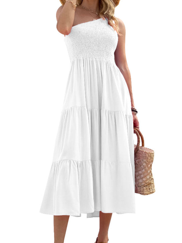 Midi dress- Solid Cotton One-shoulder Smocked Midi Dress- White- IndioGear Fashion and Gear