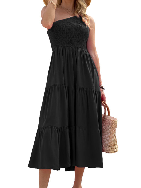 Midi dress- Solid Cotton One-shoulder Smocked Midi Dress- Black- IndioGear Fashion and Gear