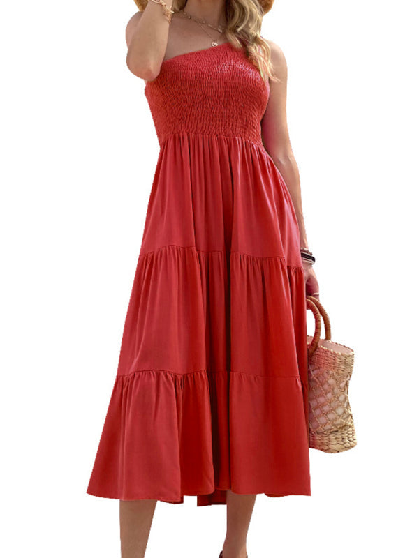 Midi dress- Solid Cotton One-shoulder Smocked Midi Dress- Red- IndioGear Fashion and Gear