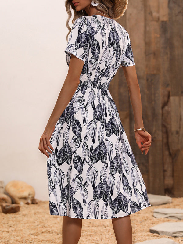 Midi dress- Tropical Breeze: Elegant Vacation Midi Dress with Leaf Print- - IndioGear Fashion and Gear