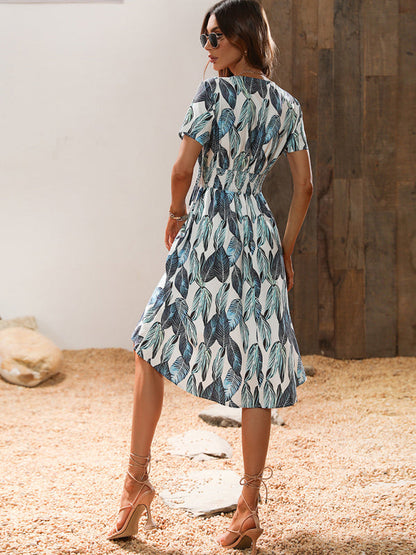 Midi dress- Tropical Breeze: Elegant Vacation Midi Dress with Leaf Print- - IndioGear Fashion and Gear