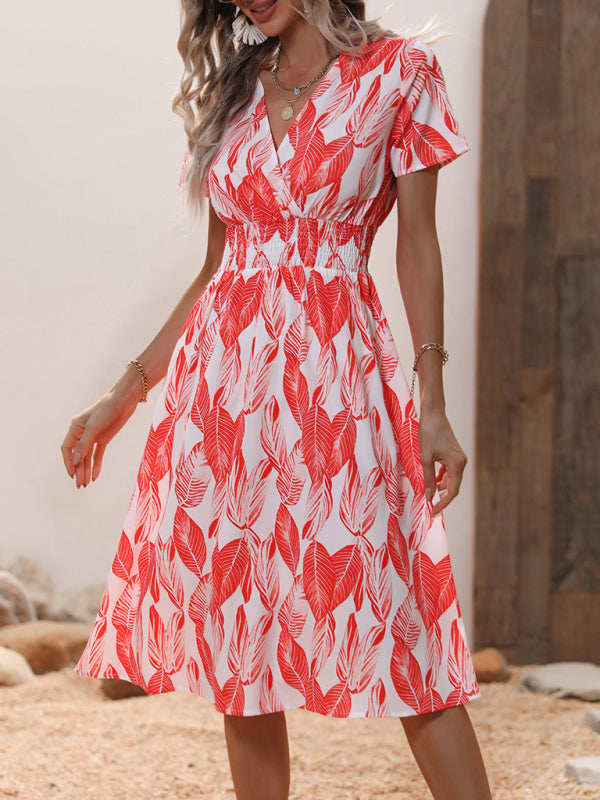 Midi dress- Tropical Breeze: Elegant Vacation Midi Dress with Leaf Print- - IndioGear Fashion and Gear