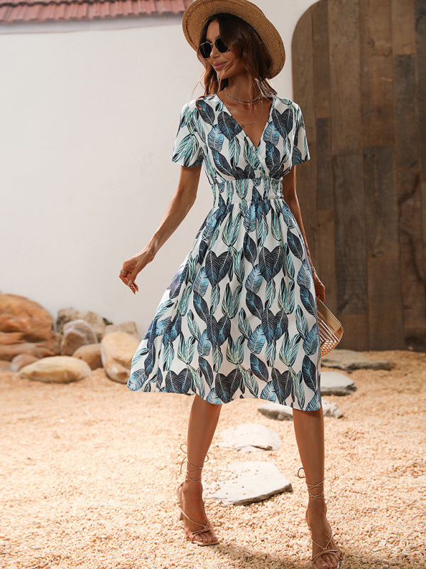 Midi dress- Tropical Breeze: Elegant Vacation Midi Dress with Leaf Print- - IndioGear Fashion and Gear