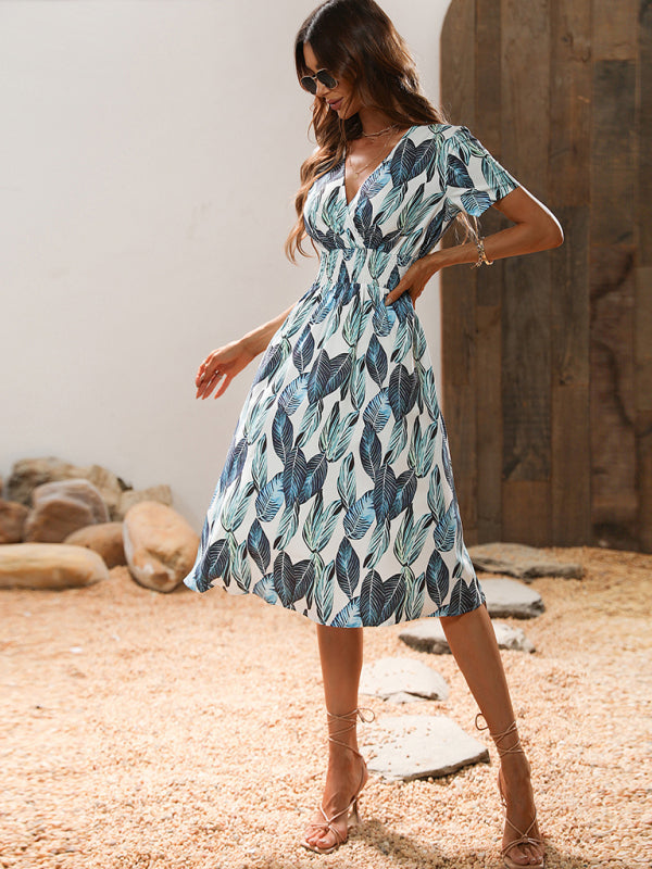 Midi dress- Tropical Breeze: Elegant Vacation Midi Dress with Leaf Print- - IndioGear Fashion and Gear