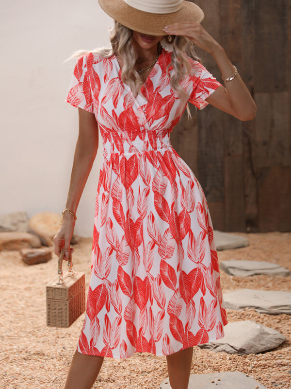 Midi dress- Tropical Breeze: Elegant Vacation Midi Dress with Leaf Print- - IndioGear Fashion and Gear