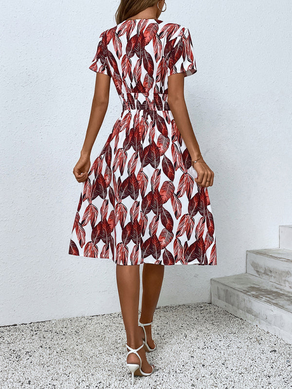 Midi dress- Tropical Breeze: Elegant Vacation Midi Dress with Leaf Print- - IndioGear Fashion and Gear