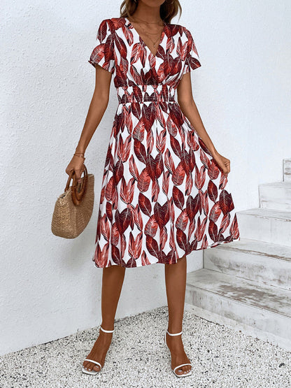 Midi dress- Tropical Breeze: Elegant Vacation Midi Dress with Leaf Print- - IndioGear Fashion and Gear