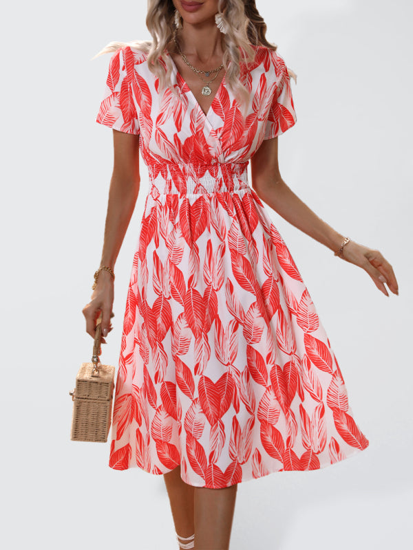 Midi dress- Tropical Breeze: Elegant Vacation Midi Dress with Leaf Print- Red- IndioGear Fashion and Gear