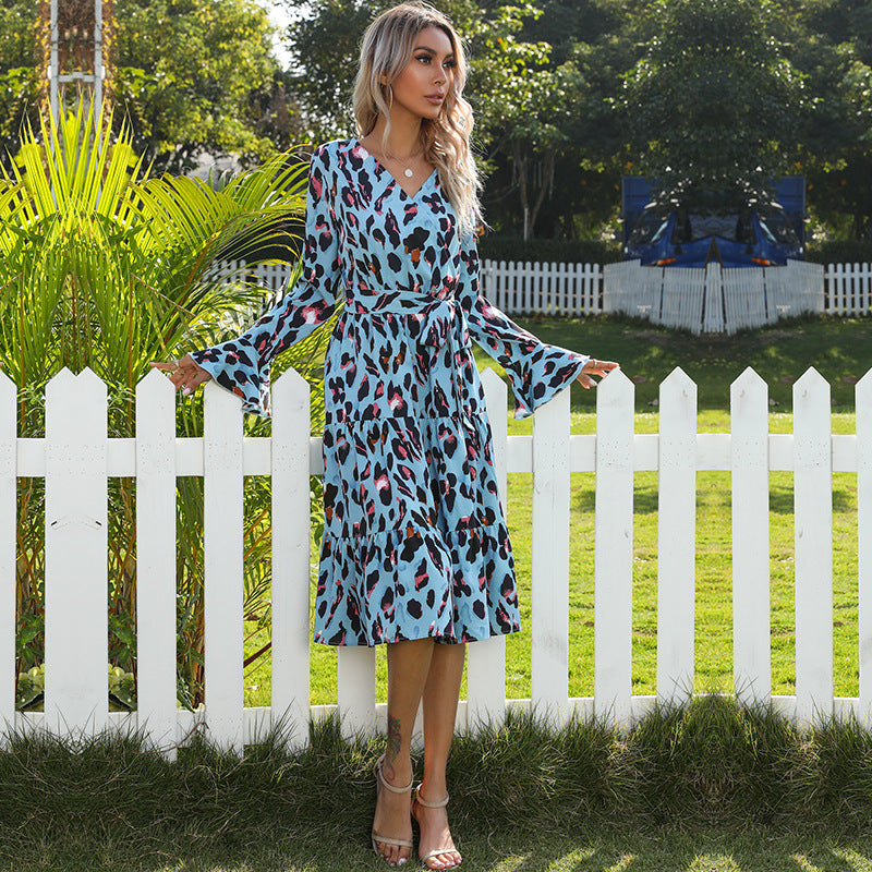 Midi dresses- Leopard Print Wrap V Neck Long Sleeve Dress- Blue- IndioGear Fashion and Gear