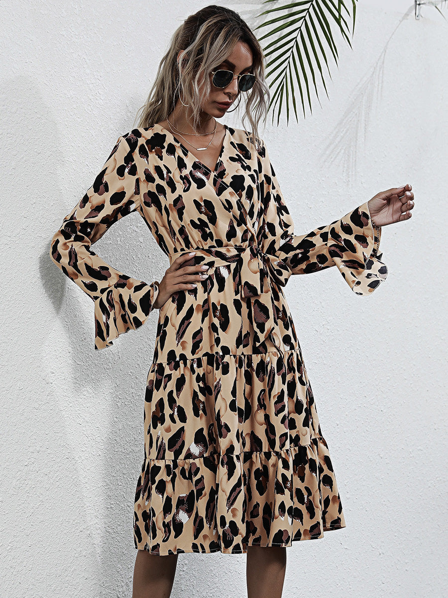 Midi dresses- Leopard Print Wrap V Neck Long Sleeve Dress- - IndioGear Fashion and Gear