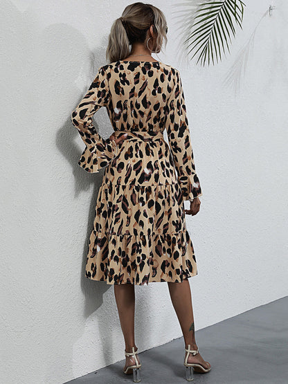 Midi dresses- Leopard Print Wrap V Neck Long Sleeve Dress- - IndioGear Fashion and Gear