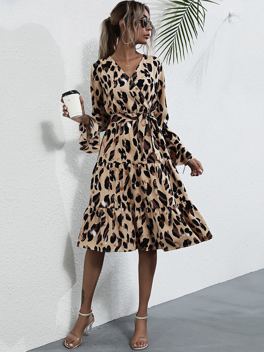 Midi dresses- Leopard Print Wrap V Neck Long Sleeve Dress- - IndioGear Fashion and Gear