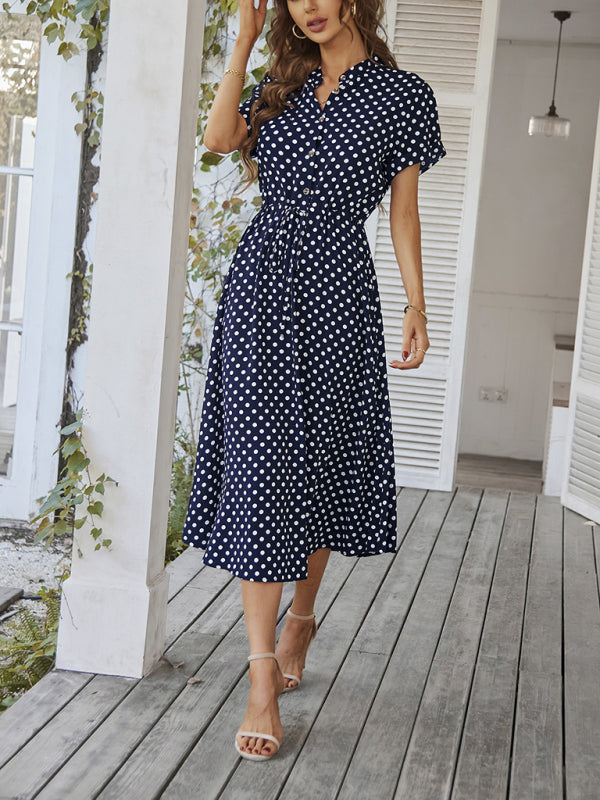 Midi dresses- Short Sleeve Polka Dot Midi Dress with Gathered Waist- - IndioGear Fashion and Gear