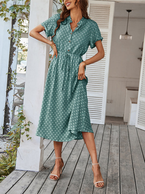 Midi dresses- Short Sleeve Polka Dot Midi Dress with Gathered Waist- - IndioGear Fashion and Gear