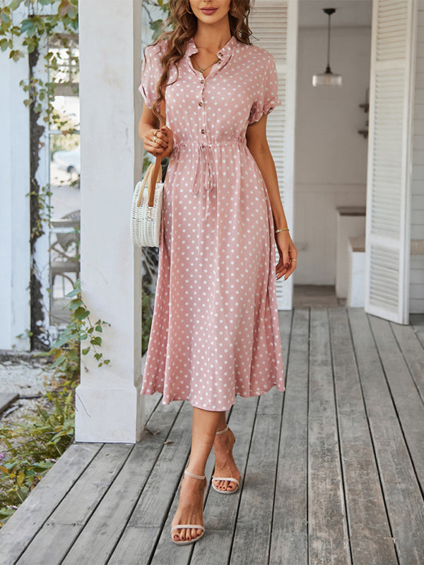 Midi dresses- Short Sleeve Polka Dot Midi Dress with Gathered Waist- - IndioGear Fashion and Gear