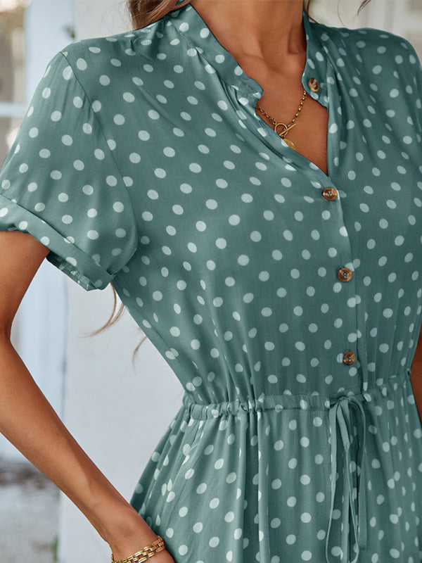 Midi dresses- Short Sleeve Polka Dot Midi Dress with Gathered Waist- - IndioGear Fashion and Gear