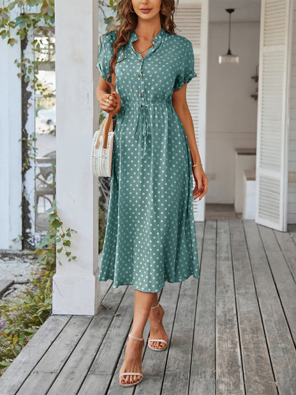 Midi dresses- Short Sleeve Polka Dot Midi Dress with Gathered Waist- - IndioGear Fashion and Gear