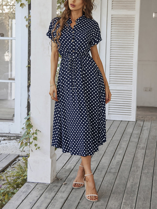 Midi dresses- Short Sleeve Polka Dot Midi Dress with Gathered Waist- - IndioGear Fashion and Gear