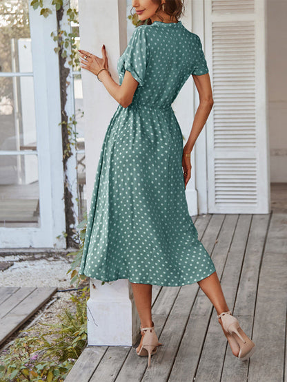 Midi dresses- Short Sleeve Polka Dot Midi Dress with Gathered Waist- - IndioGear Fashion and Gear