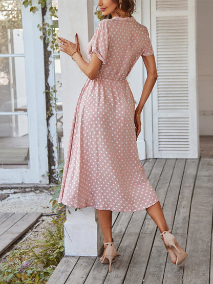 Midi dresses- Short Sleeve Polka Dot Midi Dress with Gathered Waist- - IndioGear Fashion and Gear